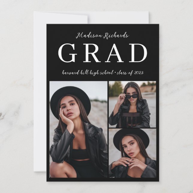 Classy Black Photo Collage Graduation Invitation (Front)