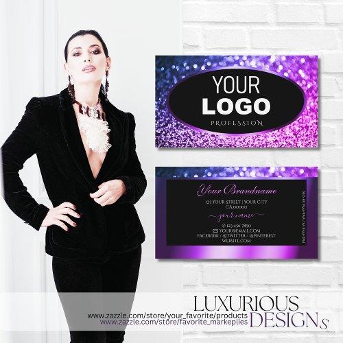 Classy Black Pink Purple Sparkle Glitter with Logo Business Card