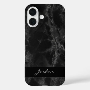 Classy Black Polished Marble Stone with Name iPhone 16 Case