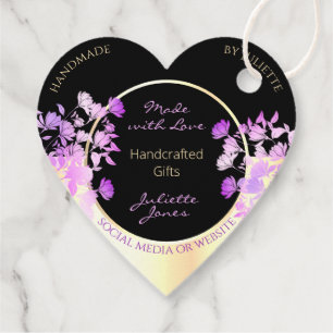 Classy Black Purple Flowers and Gold Thank You Favor Tags