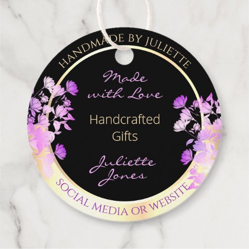 Classy Black Purple Flowers and Gold Thank You Favor Tags