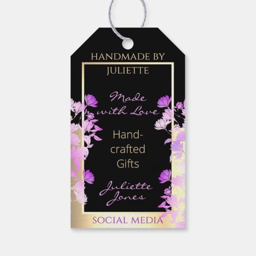 Classy Black Purple Flowers and Gold Thank You Gift Tags