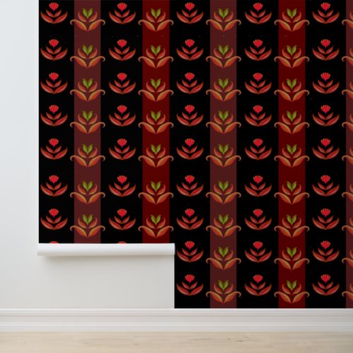    Classy Black Red Brown Floral Stripes Pattern Wallpaper