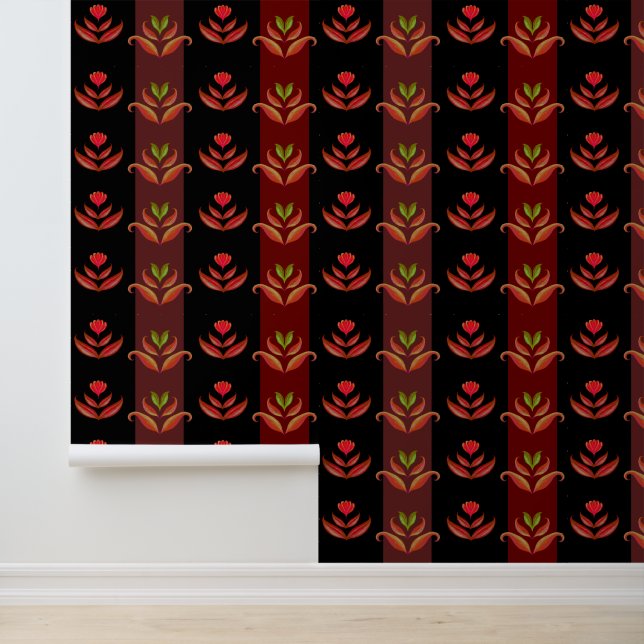    Classy Black, Red, Brown Floral Stripes Pattern Wallpaper (Application)