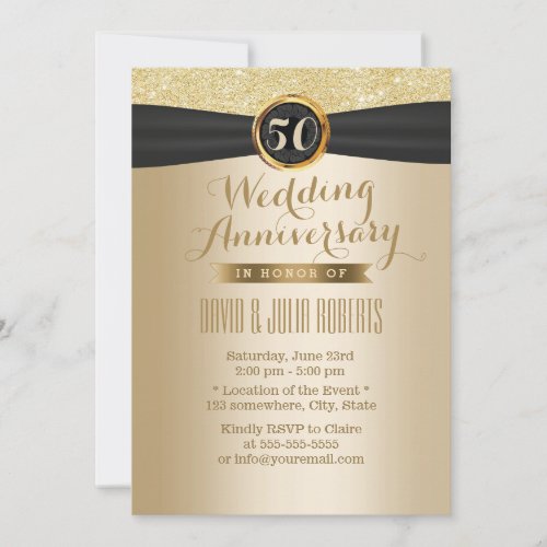 Classy Black Ribbon Gold 50th Wedding Anniversary 5x7 Paper Invitation Card