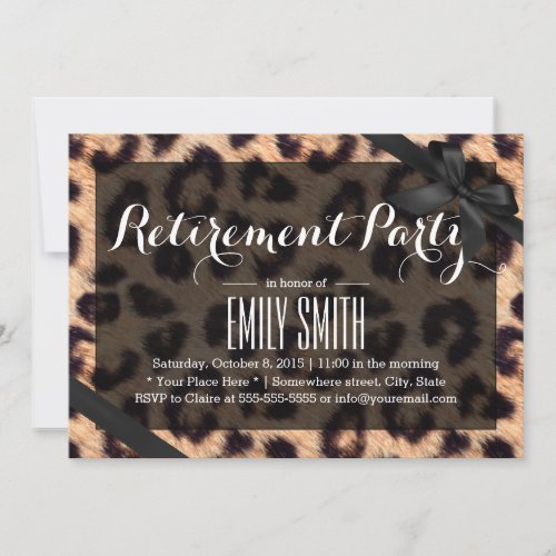 Classy Black Ribbon Leopard Print Retirement Party Invitation