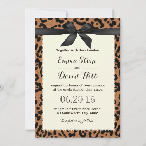 Classy Black Ribbon Leopard Print Wedding 5x7 Paper Invitation Card