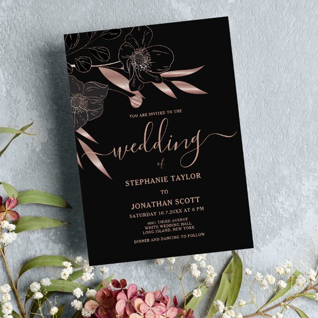 Classy black rose gold floral elegant wedding  invitation (Classy black rose gold floral elegant wedding )