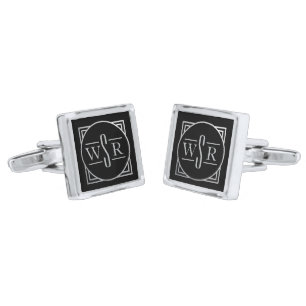 Classy Black & Silver Art Deco 3 Letter Monogram Cufflinks