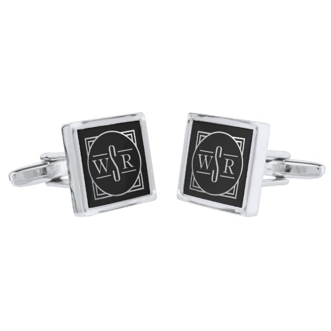 Classy Black & Silver Art Deco 3 Letter Monogram Cufflinks (Angled)