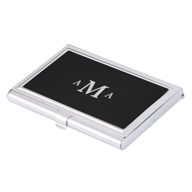 Classy Black Silver Monogram Business Card Holder (Front)