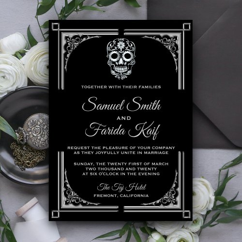 Classy Black Silver Sugar Skull Wedding Invitation