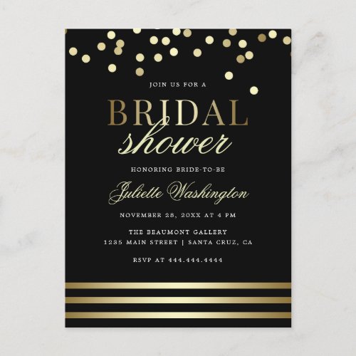 Classy Black Trendy Confetti Glossy Bridal Shower Invitation Postcard