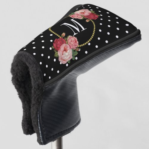 Classy Black Vintage Floral Polka Dots Monogram Golf Head Cover