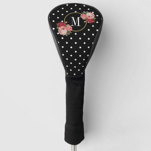 Classy Black Vintage Floral Polka Dots Monogram Golf Head Cover