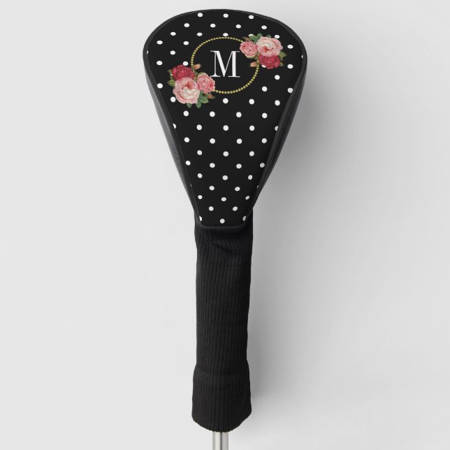Classy Black Vintage Floral Polka Dots Monogram Golf Head Cover (Front)