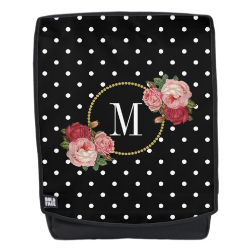 Classy Black Vintage Flowers Polka Dots Monogram Backpack