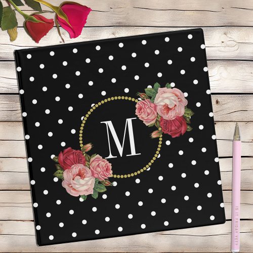 Classy Black Vintage Pink Flowers Dots Monogram 3 Ring Binder