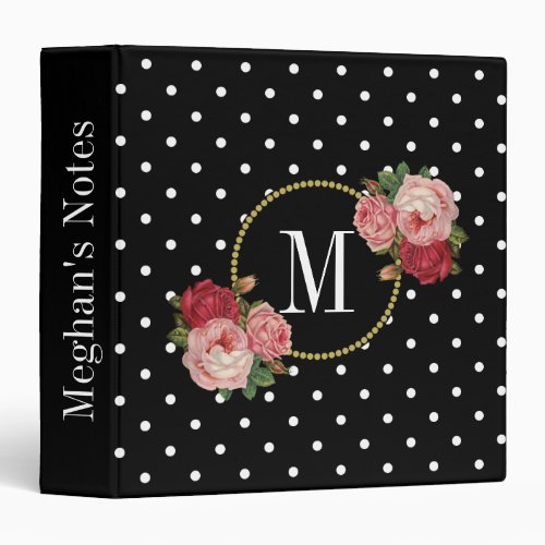 Classy Black Vintage Pink Flowers Dots Monogram 3 Ring Binder