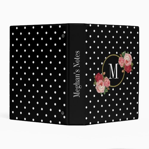 Classy Black Vintage Pink Flowers Dots Monogram Mini Binder