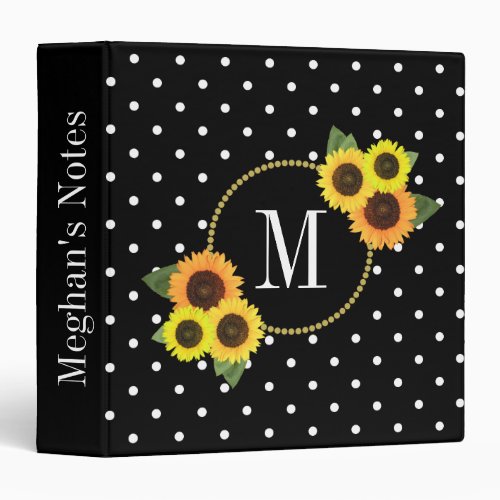 Classy Black Vintage Sunflowers Dots Chic Monogram 3 Ring Binder