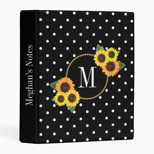 Classy Black Vintage Sunflowers Dots Chic Monogram Mini Binder