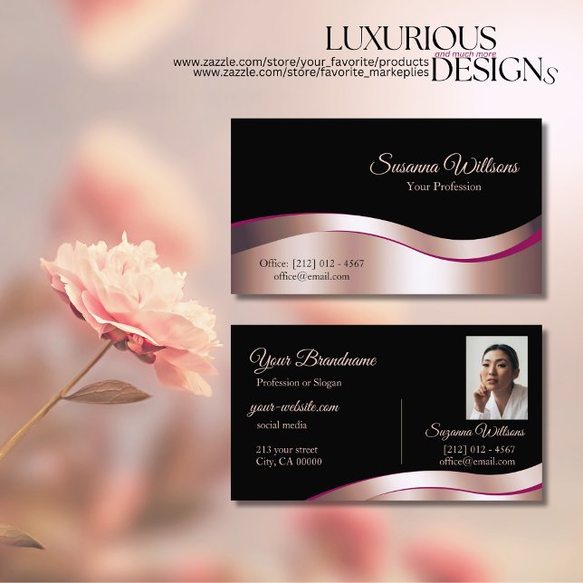 Classy Black Wavy Rose Gold Decor with Photo Noble Business Card (Creator Uploaded)