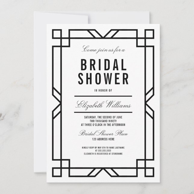 Classy Black White Art Deco Frame Bridal Shower Invitation (Front)