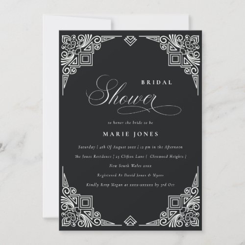 Classy Black White Art Deco Ornate Bridal Shower Invitation