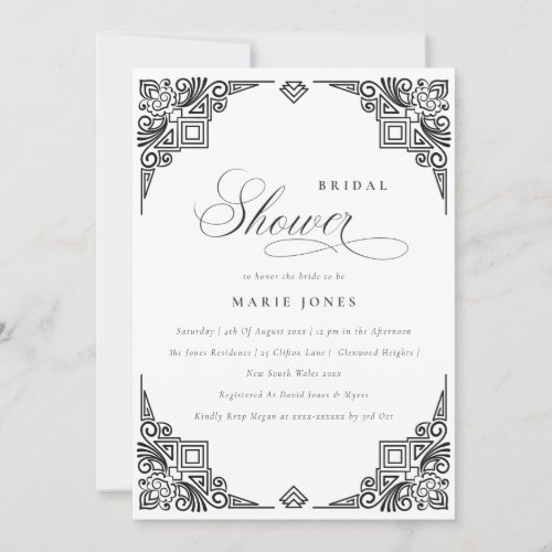 Classy Black White Art Deco Ornate Bridal Shower Invitation