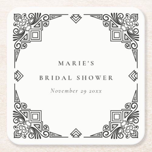 Classy Black White Art Deco Ornate Bridal Shower Square Paper Coaster