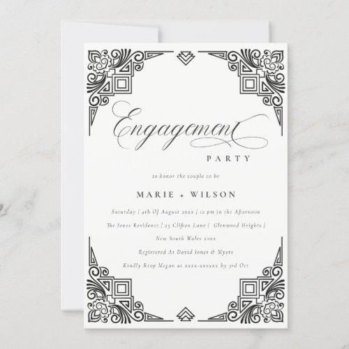 Classy Black White Art Deco Ornate Engagement Invitation