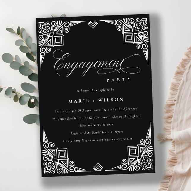 Classy Black White Art Deco Ornate Engagement Invitation (Creator Uploaded)