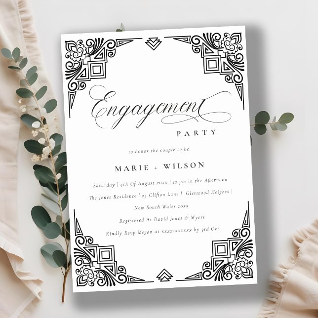 Classy Black White Art Deco Ornate Engagement Invitation (Creator Uploaded)