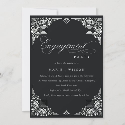 Classy Black White Art Deco Ornate Engagement Invitation