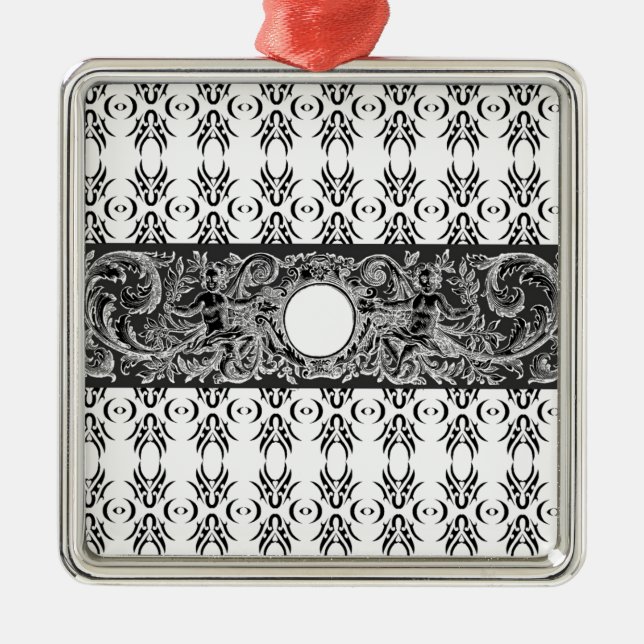 Classy black white Baroque pattern to customise Metal Ornament (Front)