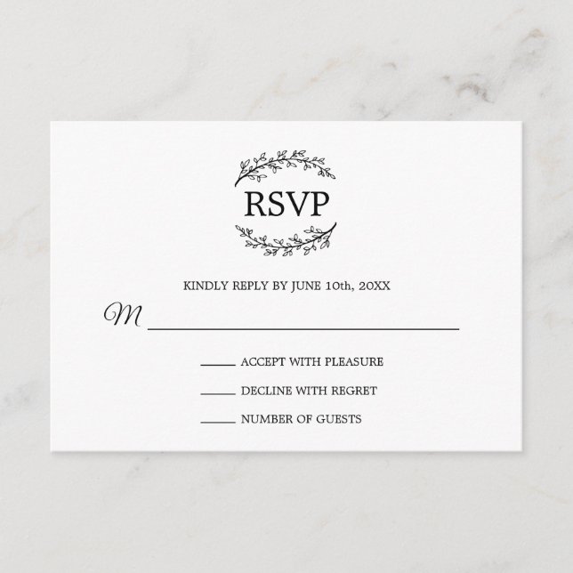 Classy Black White Branches Monogram RSVP Enclosure Card (Front)