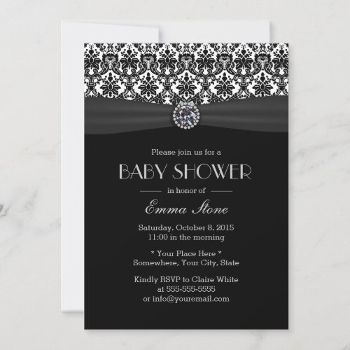 Classy Black  White Damask Diamond Baby Shower Invitation