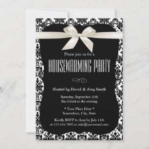 Classy Black & White Damask Housewarming Party Invitation