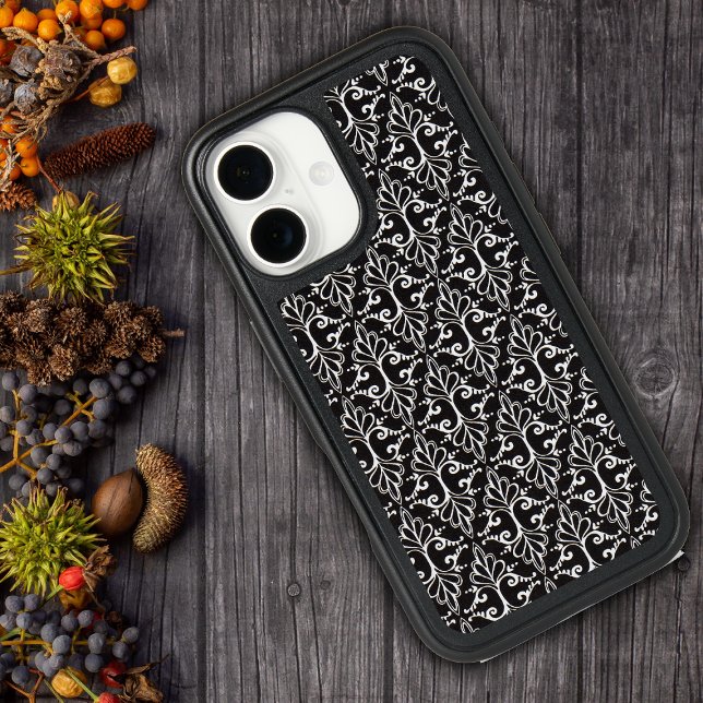Classy Black White Damask Pattern Scrolls Otterbox iPhone Case (Classy elegant black white damask pattern with fancy scrolls on iPhone case.)