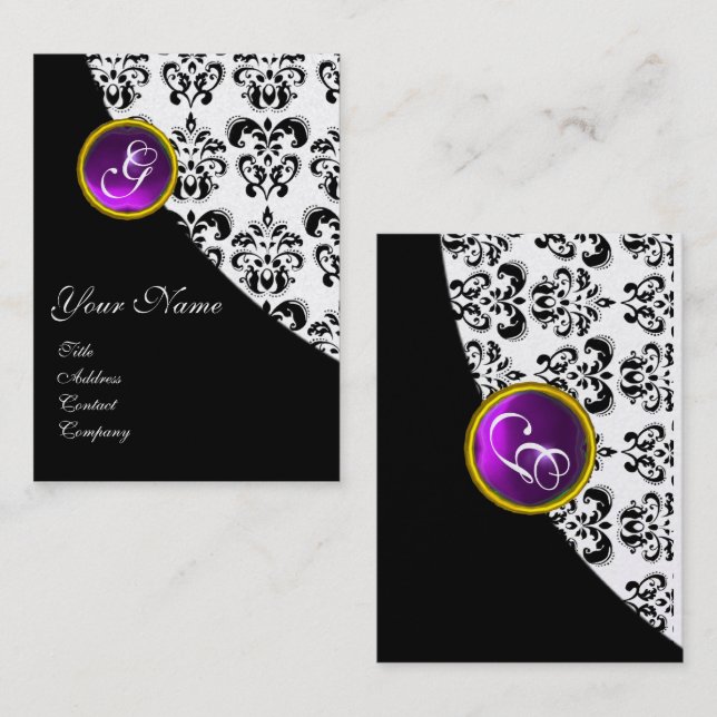 CLASSY BLACK WHITE DAMASK PURPLE AMETHYST MONOGRAM BUSINESS CARD (Front/Back)