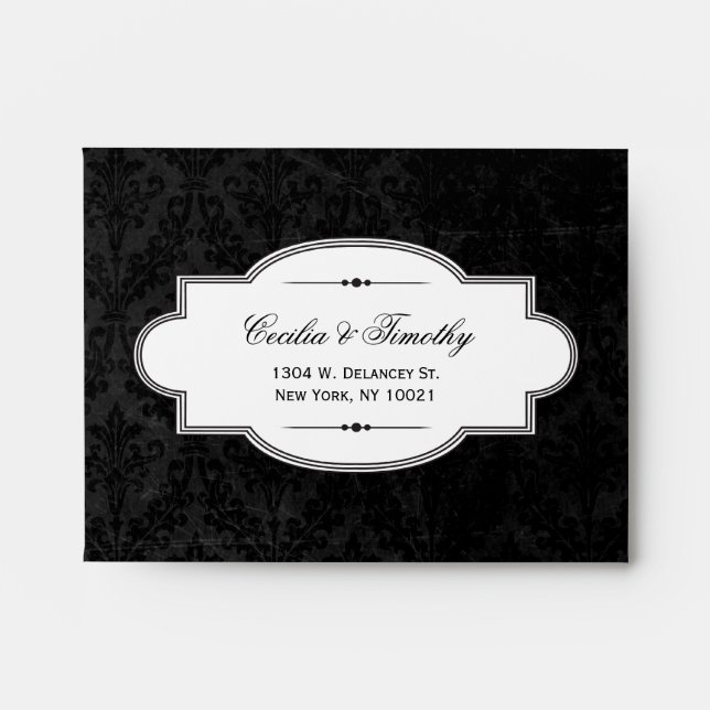 Classy Black & White Damask Wedding RSVP Linen A2 Envelope (Front)