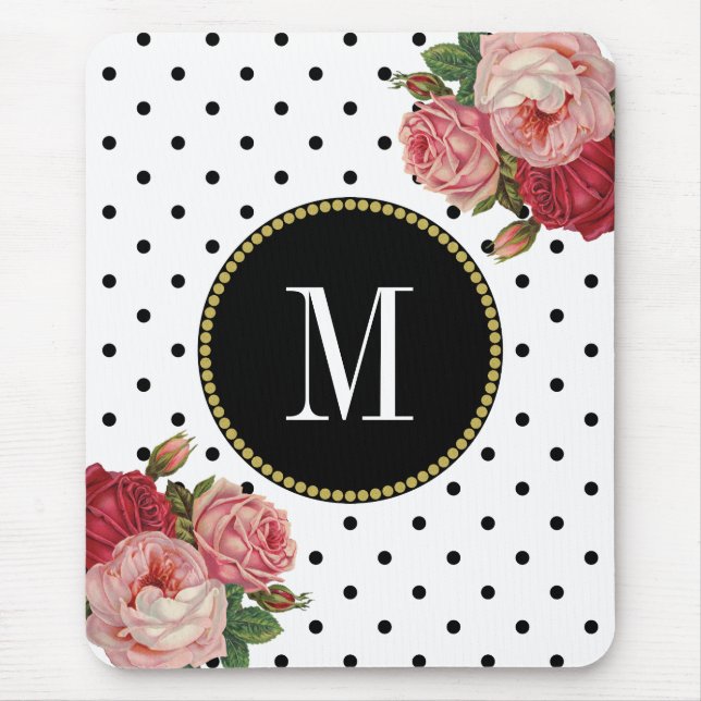 Classy Black White Dots Antique Floral Monogram Mouse Pad (Front)
