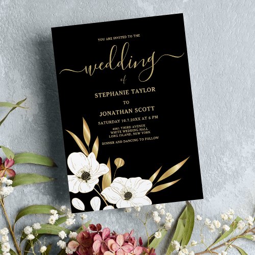 Classy black white gold floral elegant wedding  invitation