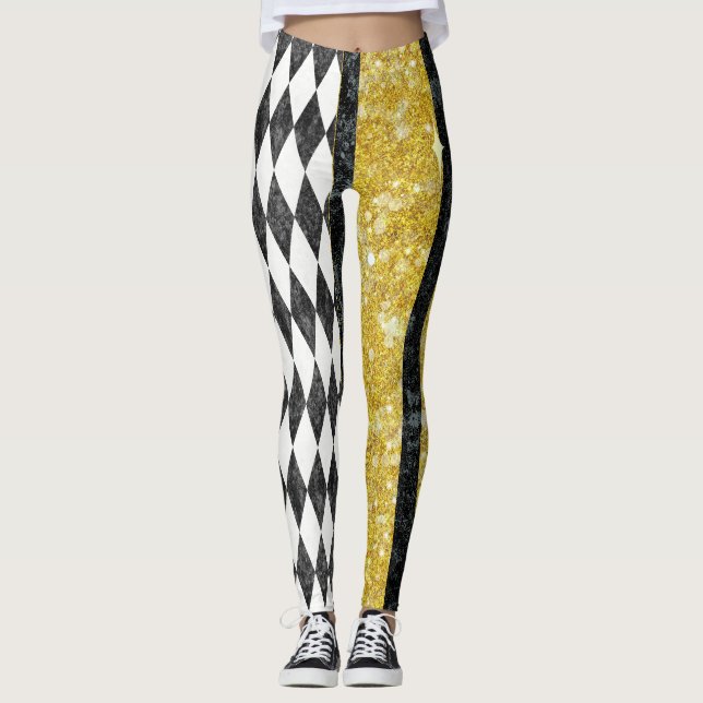 Classy Black White Gold Harlequin Diamond Argyle Leggings (Front)