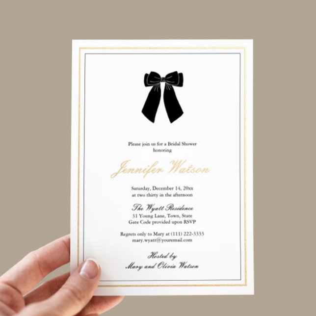 Classy Black White Gold Old Money Bridal Shower Foil Invitation (Classy Black Bow With Gold Accents Old Money Aesthetic Trendy Bridal Shower Theme)