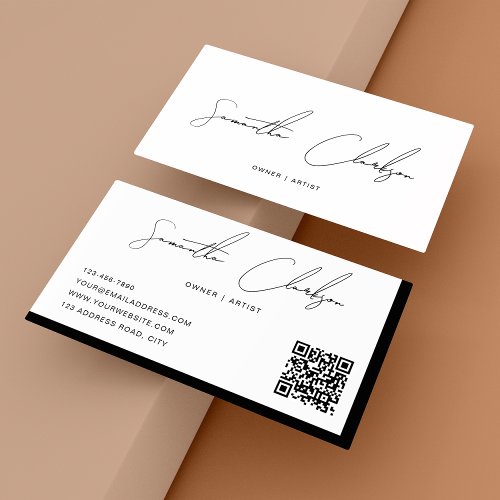 Classy Black  White Handwritten Script QR code Business Card