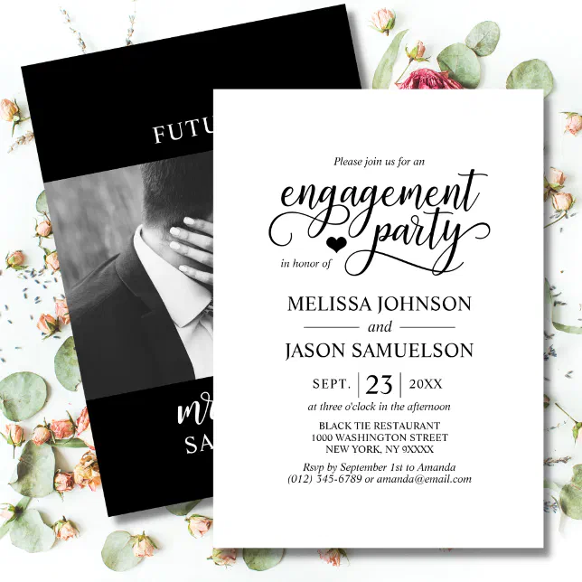 Classy Black White Heart Engagement Party PHOTO Invitation | Zazzle