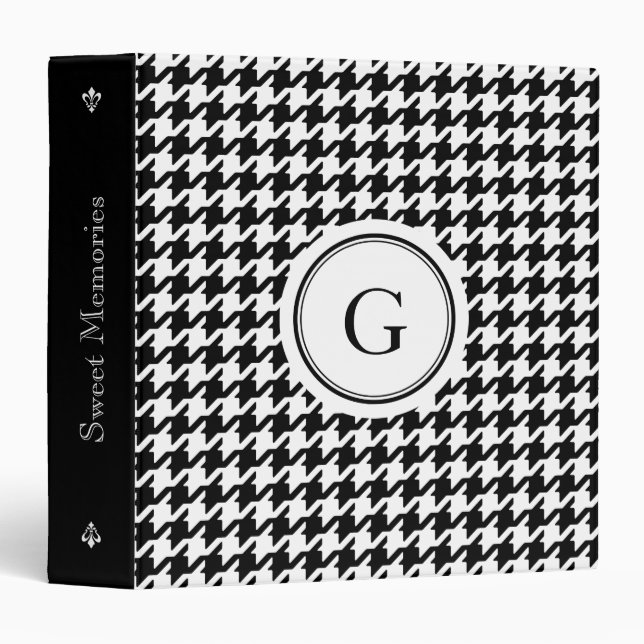 Classy black white houndstooth pattern monogram 3 ring binder (Front/Spine)