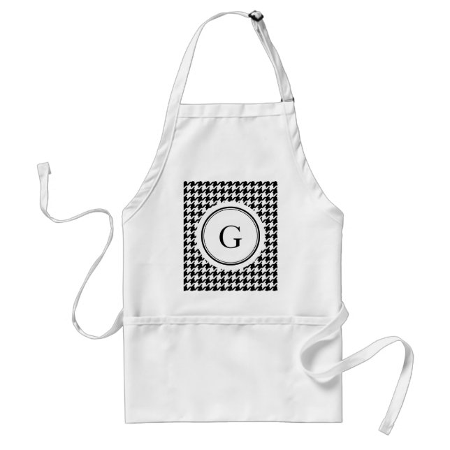 Classy black white houndstooth pattern monogram adult apron (Front)